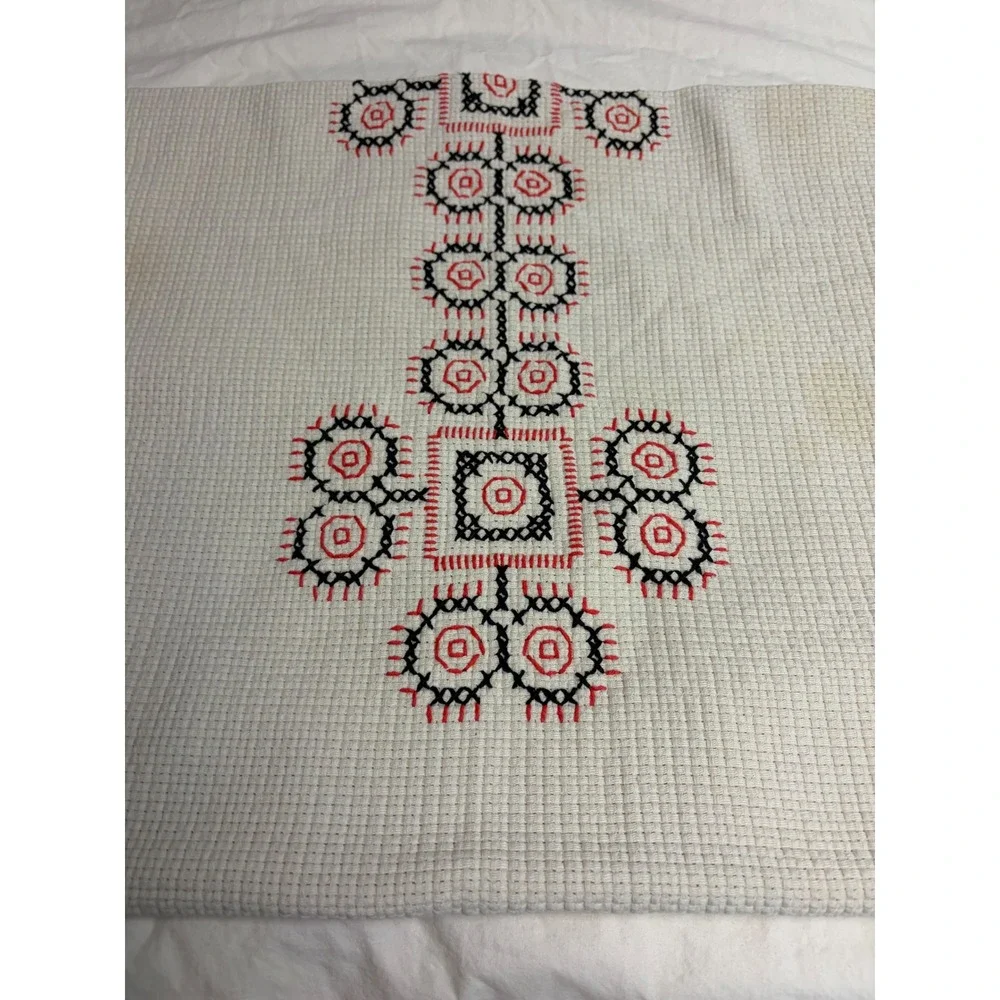 Vintage Hand Embroidered Folk Art Tablecloth Red Black Geometric 68 x 50
